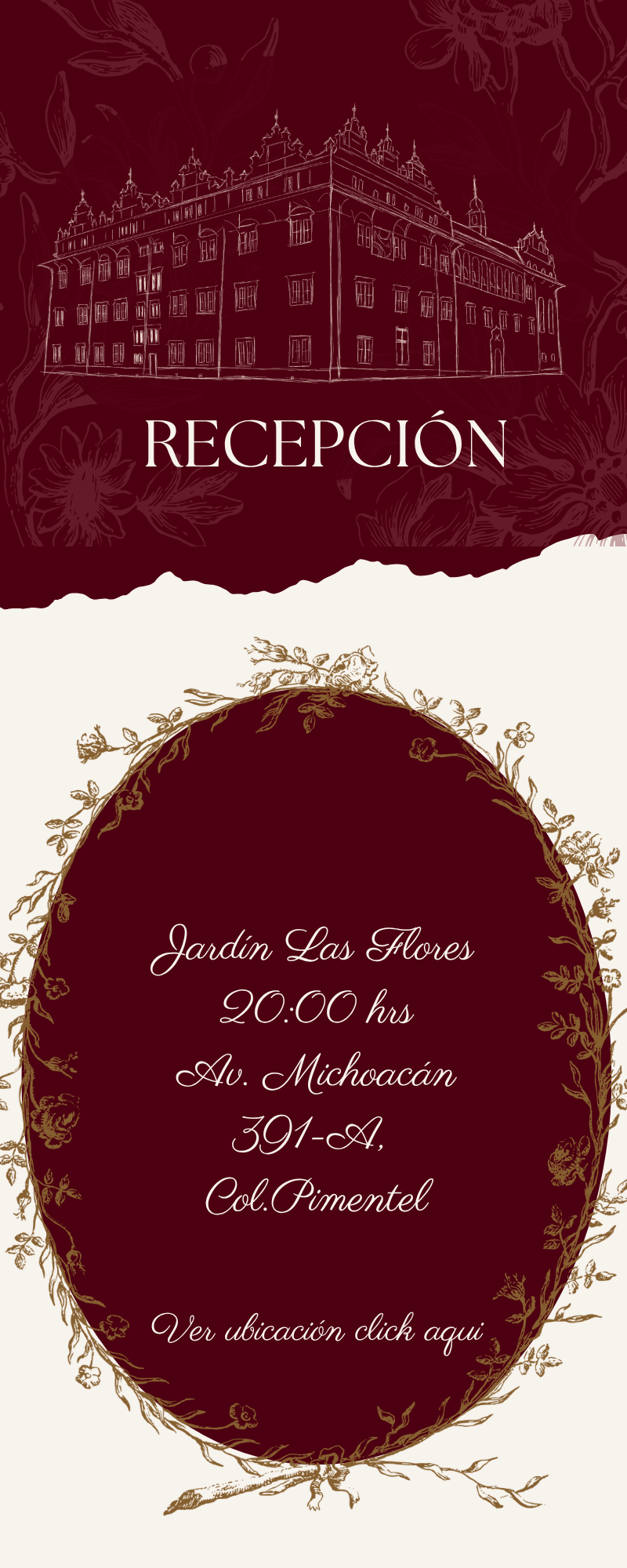 Recepción — Jardín Las Flores — 20:00 hrs — Av. Michoacán 391-A, Col. Pimentel